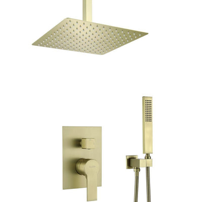 1-Spray Patterns with 2.38 GPM 12 in. Ceiling Mount Dual Shower Heads with Rough-In Valve Body and Trim in Brushed Gold - Super Arbor