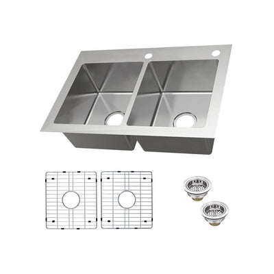 Dual Mount 18-Gauge Stainless Steel 33 in. 2-Hole 50/50 Double Bowl Kitchen Sink with Grid and Drain Assemblies - Super Arbor