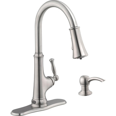Touchless LED Single-Handle Pull-Down Sprayer Kitchen Faucet with Soap Dispenser in Stainless Steel - Super Arbor