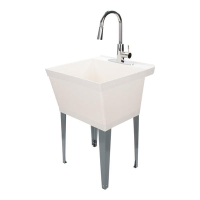 Complete 22.875 in. x 23.5 in. White 19 Gal. Utility Sink Set with Metal Hybrid Chrome High Arc Pull-Down Faucet - Super Arbor