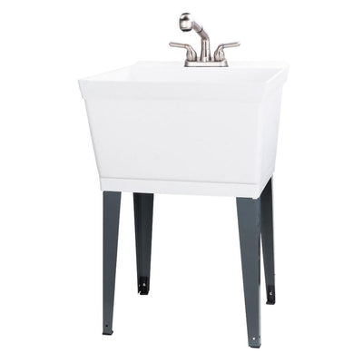 Complete 22.875 in. x 23.5 in. White 19 Gal. Utility Sink Set with Non-Metallic Stainless Steel Finish Pull-Out Faucet - Super Arbor