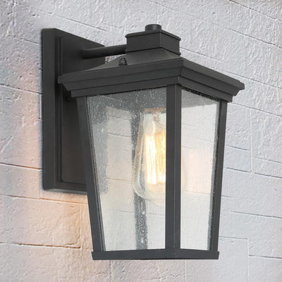 1-Light Black 11 in. H Square Patio LED Decorative Outdoor Metal Caged Wall Lantern Seeded Glass Sconce - Super Arbor