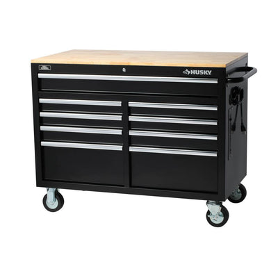 46 in. W 9-Drawer, Deep Tool Chest Mobile Workbench in Gloss Black with Hardwood Top