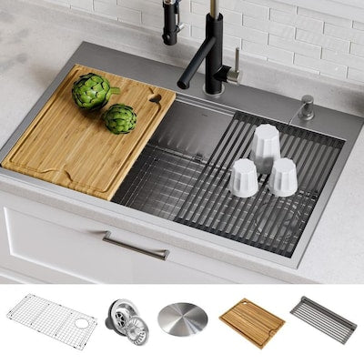 Kraus Kore x 22-in Stainless Steel Single Bowl Drop-In or Undermount 2-Hole Commercial/Residential Kitchen Sink All-in-One Kit with Drainboard
