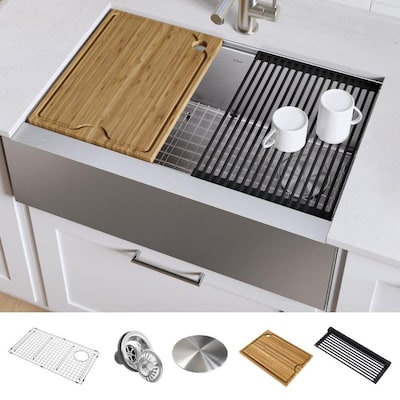 Kraus Kore 32.88-in x 20.25-in Stainless Steel Single Bowl Tall (8-in or Larger) Undermount Apron Front/Farmhouse Commercial/Residential Kitchen Sink All-in-One Kit with Drainboard