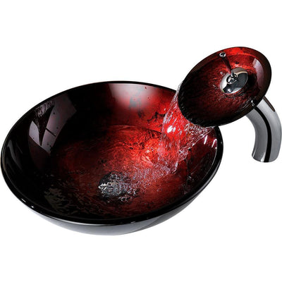 Marumba Deco-Glass Vessel Sink in Tempered Red and Black with Matching Chrome Waterfall Faucet - Super Arbor