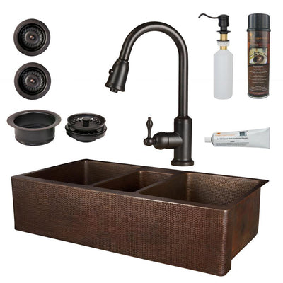 All-in-One Copper 42 in. Triple Bowl Kitchen Farmhouse Apron Front Sink with Faucet in ORB - Super Arbor