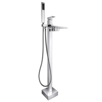 1-Handle Freestanding Floor Mount Roman Tub Faucet Bathtub Filler with Waterfall Style and Hand Shower in Chrome - Super Arbor