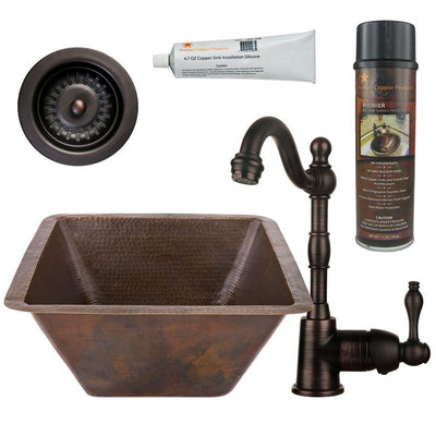 All-in-One Dual Mount Copper 17 in. Large Square Bar/Prep Sink with Faucet and Strainer Drain in Oil Rubbed Bronze - Super Arbor