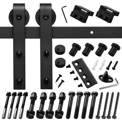 6 ft./72 in. Black Steel Bent Strap Sliding Barn Door Track and Hardware Kit for Single Door with Floor Guide - Super Arbor