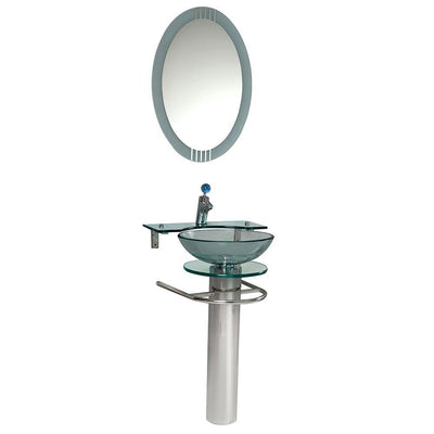 Fresca Ovale Vessel Sink in Clear Glass with Stand in Chrome and Frosted Edge Mirror - Super Arbor