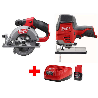 M12 12-Volt Lithium-Ion Cordless Jig Saw and 5-3/8 in. Circular Saw Combo Kit W/ (1) 2.0Ah Battery and Charger - Super Arbor