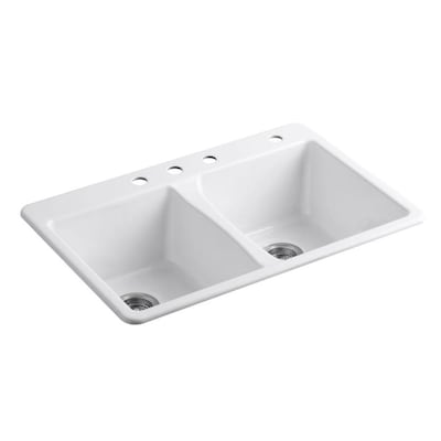 KOHLER Deerfield 33-in x 22-in White Double Equal Bowl Drop-In 3-Hole Residential Kitchen Sink