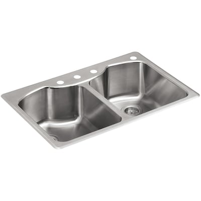 KOHLER Octave 33-in x 22-in Stainless Steel Double Equal Bowl Drop-In 4-Hole Commercial/Residential Kitchen Sink