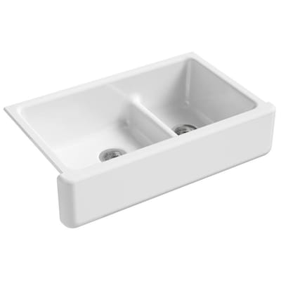 KOHLER Whitehaven 35.5-in x 21.56-in White Double Offset Bowl Tall (8-in or Larger) Drop-In Apron Front/Farmhouse Residential Kitchen Sink