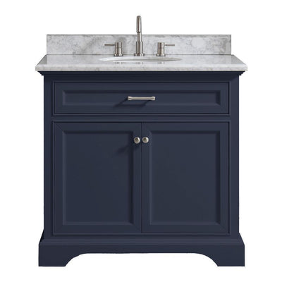 Windlowe 37 in. W x 22 in. D x 35 in. H Bath Vanity in Navy Blue with Carrara Marble Vanity Top in White with White Sink - Super Arbor