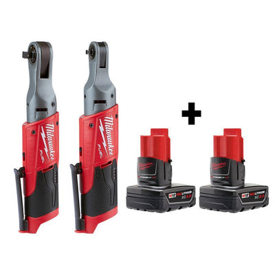 M12 FUEL 12-Volt Lithium-Ion Brushless Cordless 3/8 in. and 1/4 in. Ratchets with two 3.0 Ah Batteries - Super Arbor
