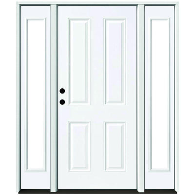 60 in. x 80 in. 4-Panel Primed White Right-Hand Steel Prehung Front Door with 10 in. Clear Glass Sidelites 4 in. Wall - Super Arbor