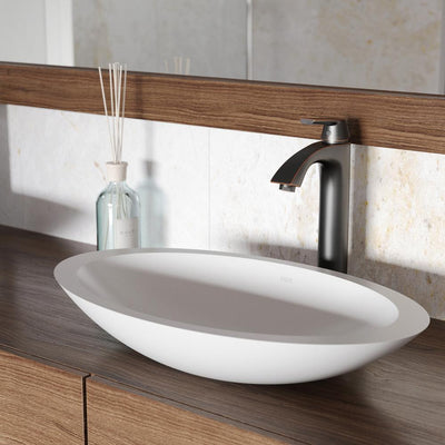 White Wisteria Matte Stone Vessel Bathroom Sink in White with Linus Vessel Faucet in Antique Rubbed Bronze - Super Arbor