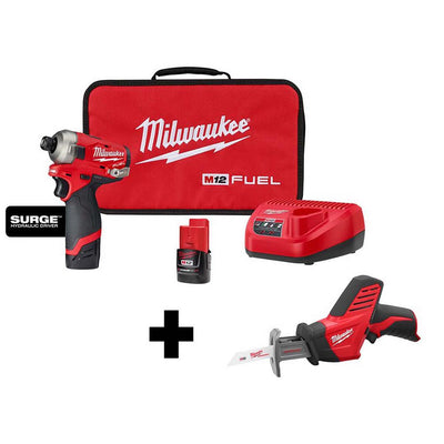 M12 FUEL SURGE 12-Volt Lithium-Ion Brushless Cordless 1/4 in. Hex Impact Driver Kit W/ Free M12 Hackzall - Super Arbor