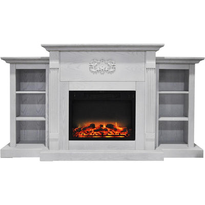 Classic 72 in. Electric Fireplace in White with Built-in Bookshelves and an Enhanced Log Display - Super Arbor