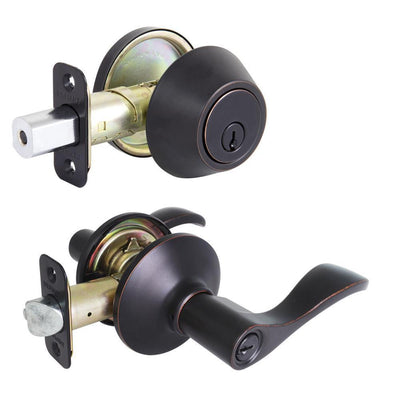 Naples Aged Bronze Entry Lever and Single Cylinder Deadbolt Combo Pack - Super Arbor