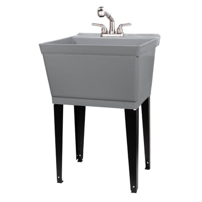 Complete 22.875 in. x 23.5 in. Grey 19 Gal. Utility Sink Set with Non-Metallic Stainless Steel Finish Pull-Out Faucet - Super Arbor