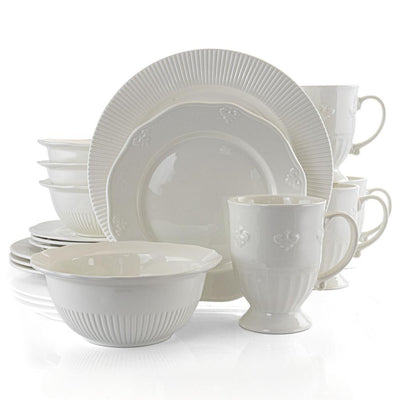 Scallop Crest 16-Piece Casual White Ceramic Dinnerware Set (Service for 4) - Super Arbor