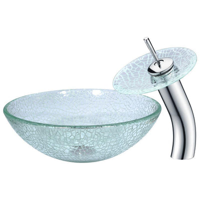 Choir Series Deco-Glass Vessel Sink in Crystal Clear Mosaic with Matching Chrome Waterfall Faucet - Super Arbor