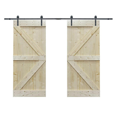72 in. x 84 in. Unfinished Solid Core Knotty Pine Sliding Barn Door with Hardware Kit - Super Arbor