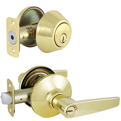 Olympic Polished Brass Entry Lever and Single Cylinder Deadbolt Combo Pack - Super Arbor