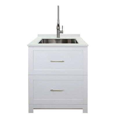 All-in-One 29 in. x 25.5 in. Stainless Steel Quartz Undermount Laundry/Utility Sink and Cabinet with Faucet in White - Super Arbor