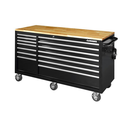 62 in. W 14-Drawer, Deep Tool Chest Mobile Workbench in Gloss Black with Solid Wood Top Media 1 of 13