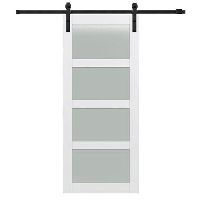 42 in. x 84 in. Shaker 4-Lite Frosted Glass Primed MDF Sliding Barn Door with Bent Strap Hardware Kit - Super Arbor