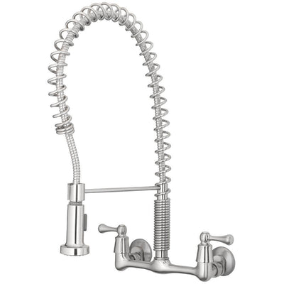 2-Handle Wall-Mount Pull-Down Sprayer Kitchen Faucet in Stainless Steel - Super Arbor