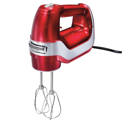 5-Speed Red and Chrome Hand Mixer with Stainless Steel Twisted Wire Beaters, Whisk, Dough Hooks and Snap-On Storage Case - Super Arbor