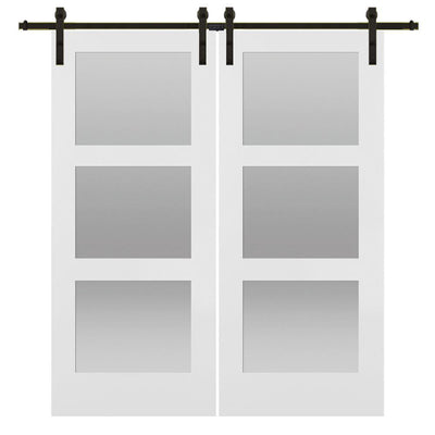 72 in. x 84 in. Shaker 3-Lite Frosted Glass Primed MDF Double Sliding Barn Door with Bent Strap Hardware Kits - Super Arbor