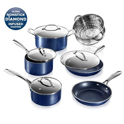 Classic Blue 10-Piece Aluminum Ultra-Durable Non-Stick Diamond Infused Cookware Set with Glass Lids - Super Arbor