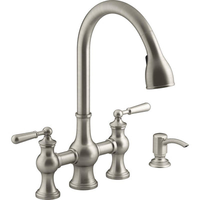 Capilano 2-Handle Bridge Farmhouse Pull-Down Kitchen Faucet with Soap Dispenser and Sweep Spray in Vibrant Stainless - Super Arbor