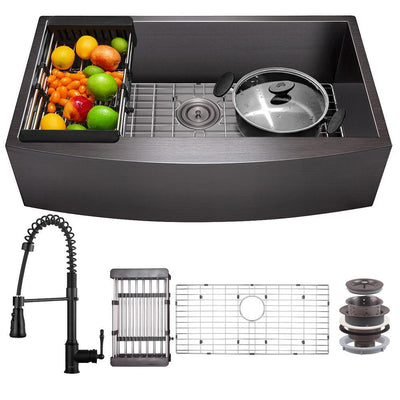 All-in-One Matte Black Finished Stainless Steel 30 in. x 20 in. Farmhouse Apron Mount Kitchen Sink with Faucet - Super Arbor