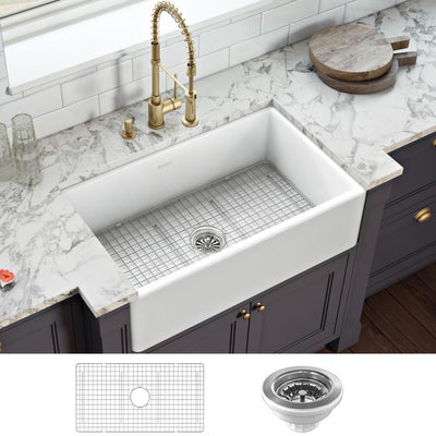 Farmhouse Apron-Front Fireclay 33 in. x 20 in. Reversible Single Bowl Kitchen Sink in White - Super Arbor