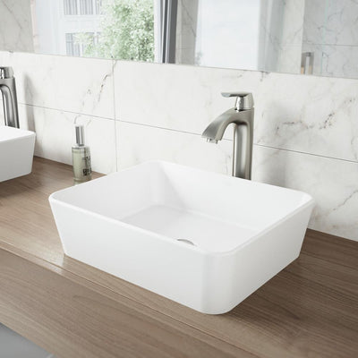 Marigold White Matte Stone Vessel Bathroom Sink and Linus Bathroom Vessel Faucet in Brushed Nickel - Super Arbor