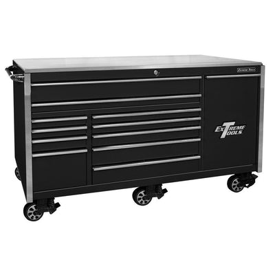 76 in. 12-Drawer Professional Roller Cabinet Includes Vertical Power Tool Drawer & Stainless Steel Work Surface in Black - Super Arbor