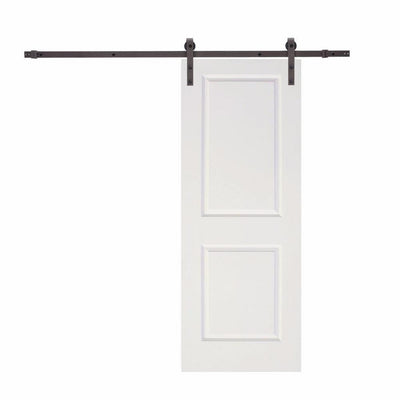 Classic Bent Strap Door Track Hardware and 36 in. White Primed MDF Raised 2 Panel Interior Sliding Barn Door - Super Arbor