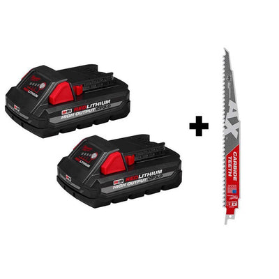 M18 18-Volt Lithium-Ion HIGH OUTPUT CP 3.0 Ah Battery Pack (2-Pack) w/9 in. 5 TPI AX Carbide Reciprocating Saw Blade - Super Arbor