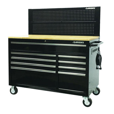52 in. W 9-Drawer, Deep Tool Chest Mobile Workbench in Gloss Black with Pegboard