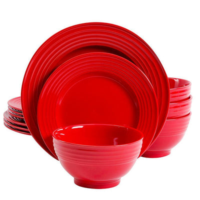 Plaza Cafe 12-Piece Casual Red Stoneware Dinnerware Set (Service for 4) - Super Arbor