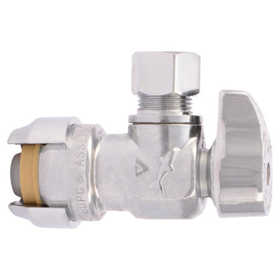 1/2 in. Push-to-Connect x 3/8 in. O.D. Compression Chrome-Plated Brass Quarter-Turn Angle Stop Valve - Super Arbor