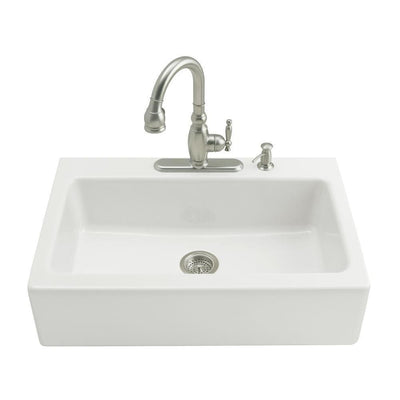 Dickinson Tile-In Farmhouse Apron-Front Cast Iron 33 in. 4-Hole Single Bowl Kitchen Sink in White - Super Arbor