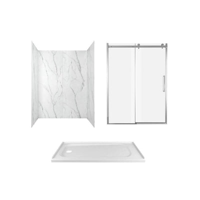 Passage 60 in. x 72 in. 3-Piece Glue-Up Alcove Shower Wall, Door and Base Kit with Left Hand Drain in Serene Marble - Super Arbor